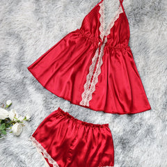 Satin Lounge Set Lace Trim Deep V Cami & Shorts Women's Pajamas