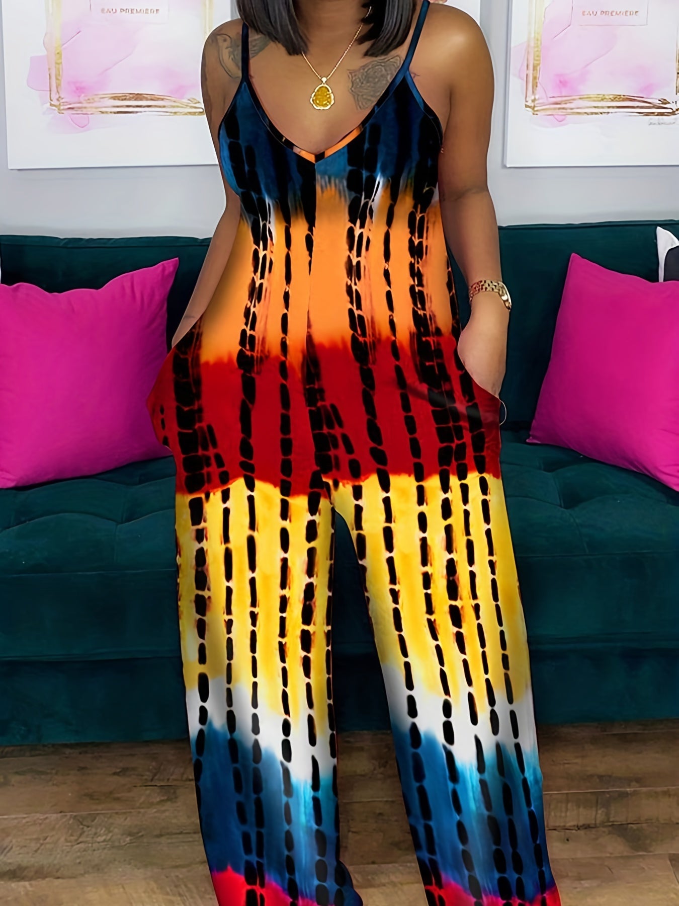 Tie Dye Block Wide Leg Jumpsuit Sleeveless Sexy Jumpsuit for Spring & Summer