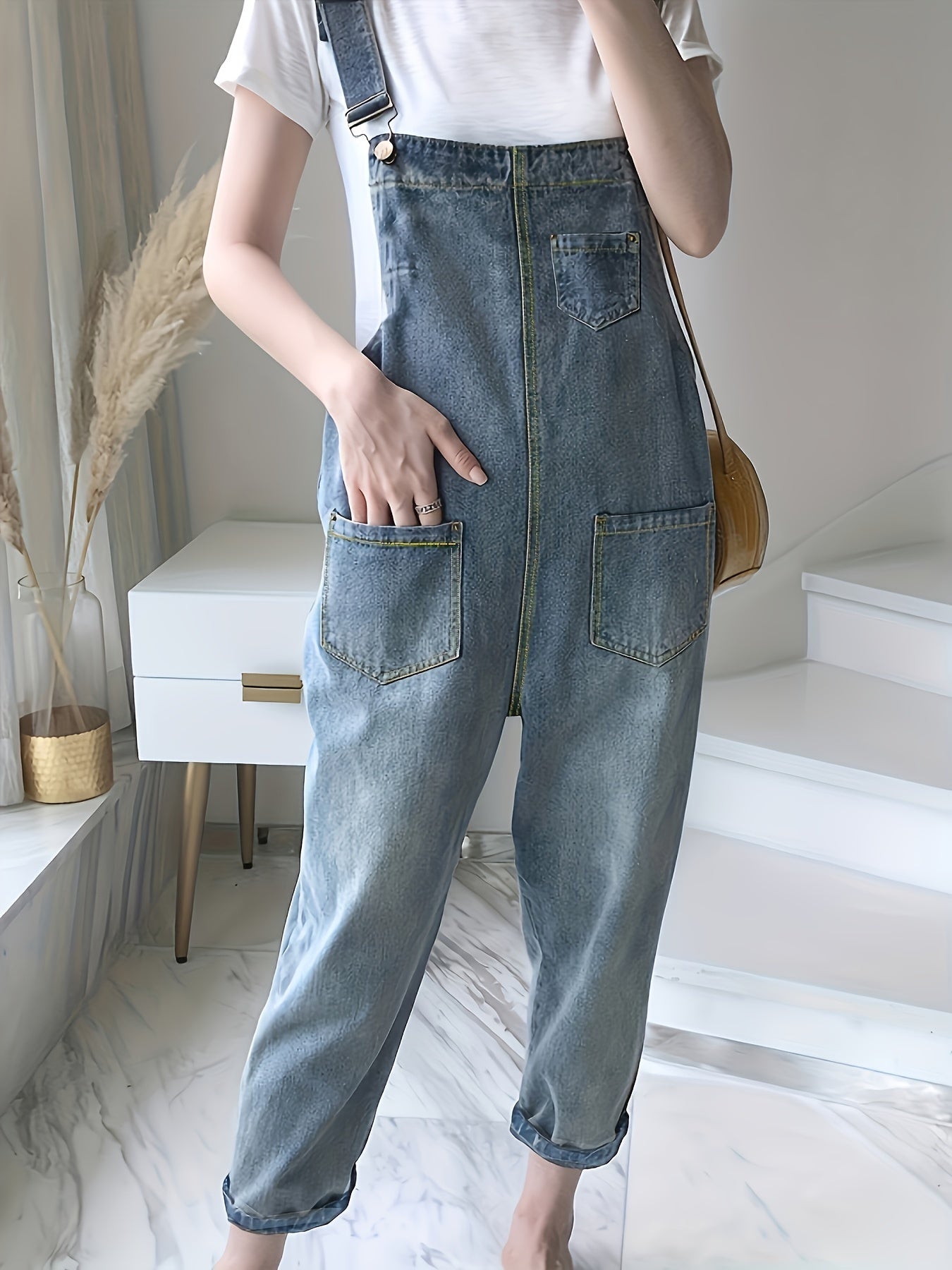 Loose Fit Denim Overalls Patch Pockets Non Stretch Adjustable Strap Versatile