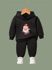 Santa Print Hooded Pullover Pants Set For Sports Spring Fall Gift