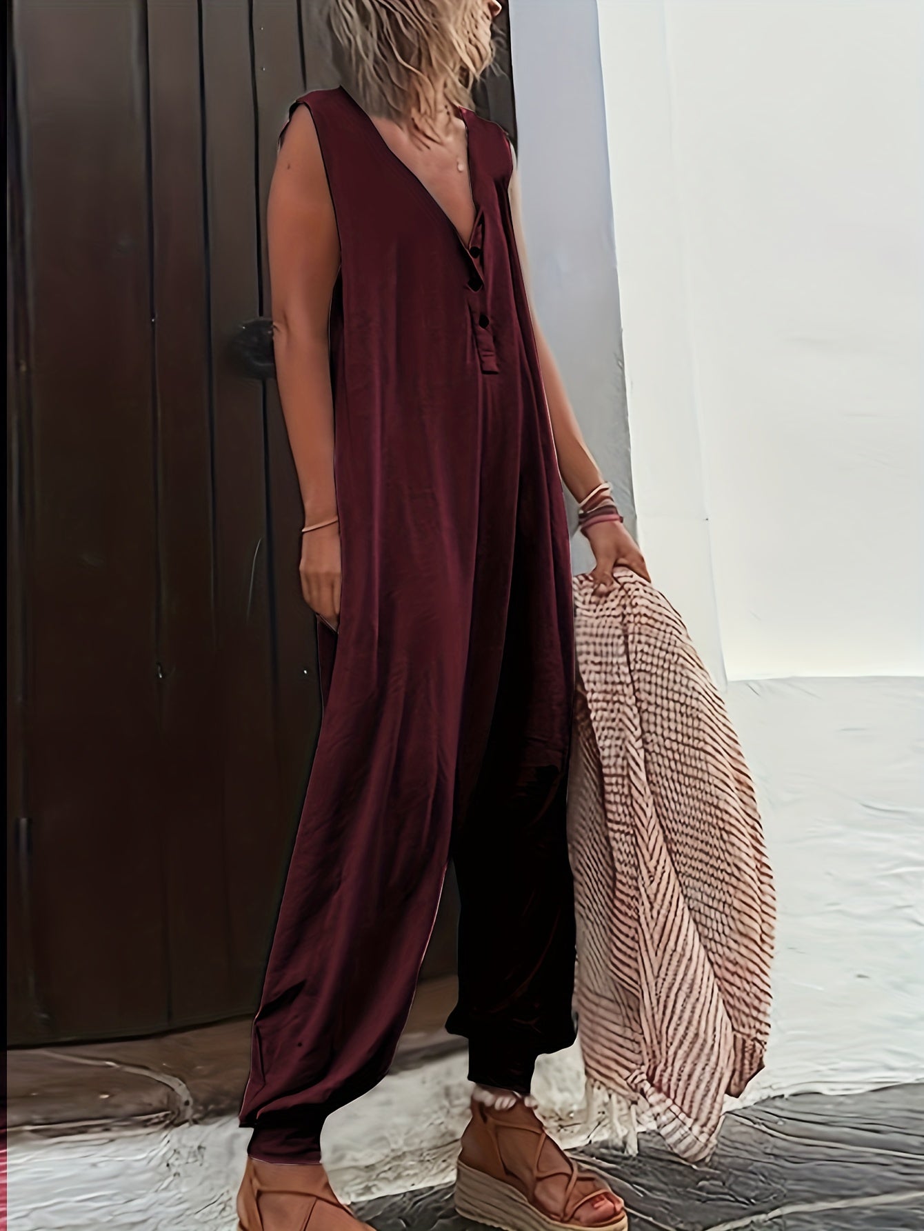  Casual Jumpsuit Solid Button Up Medium Stretch Loose Harem Jumpsuit
