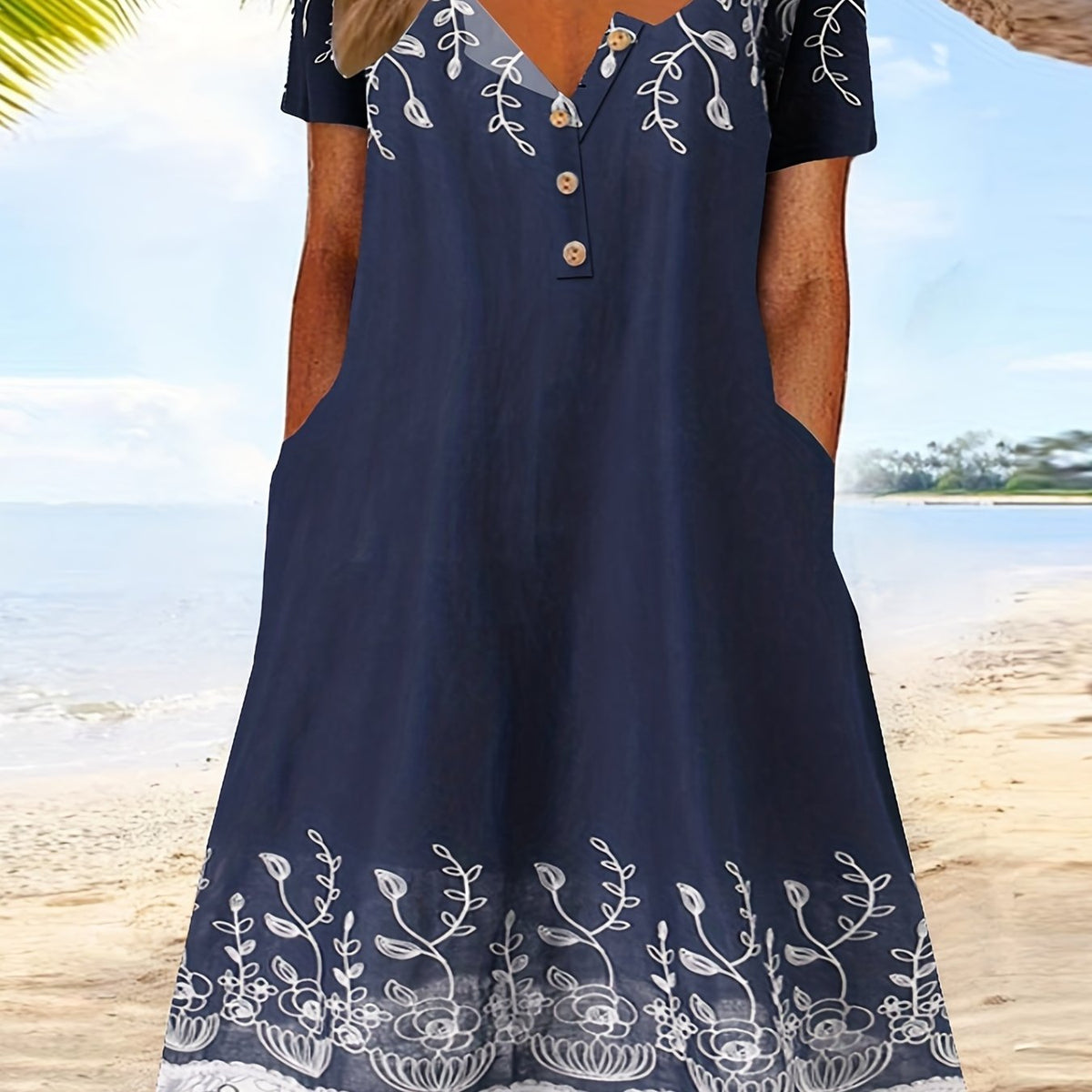 Women's Plus Floral Print Short Sleeve Dress With Pockets