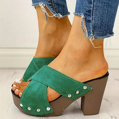 Chunky Heeled Sandals Criss Cross Platform Slip on High Heels