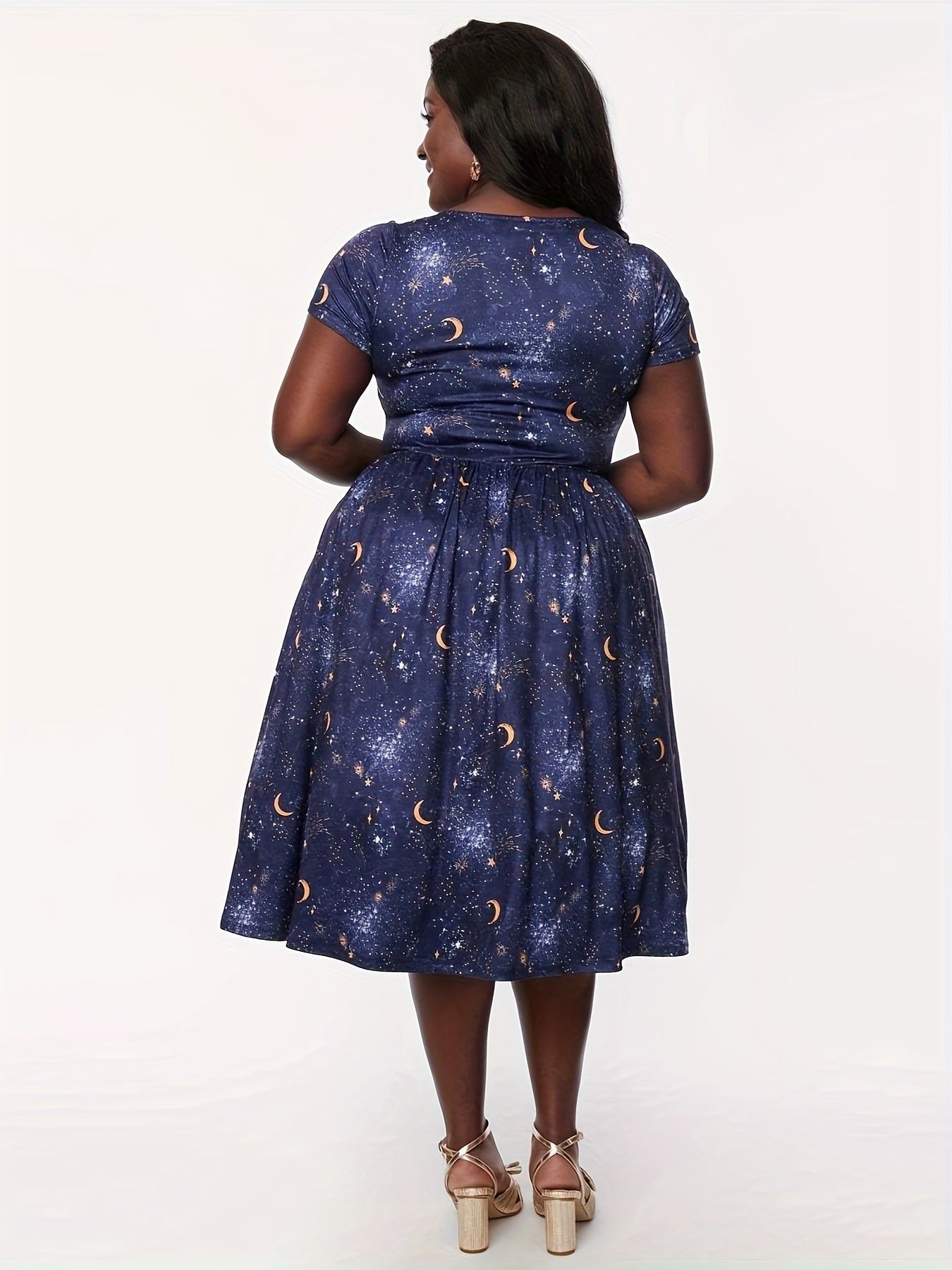  Women's Galaxy Print Cap Sleeve Stretch Pleated Dress
