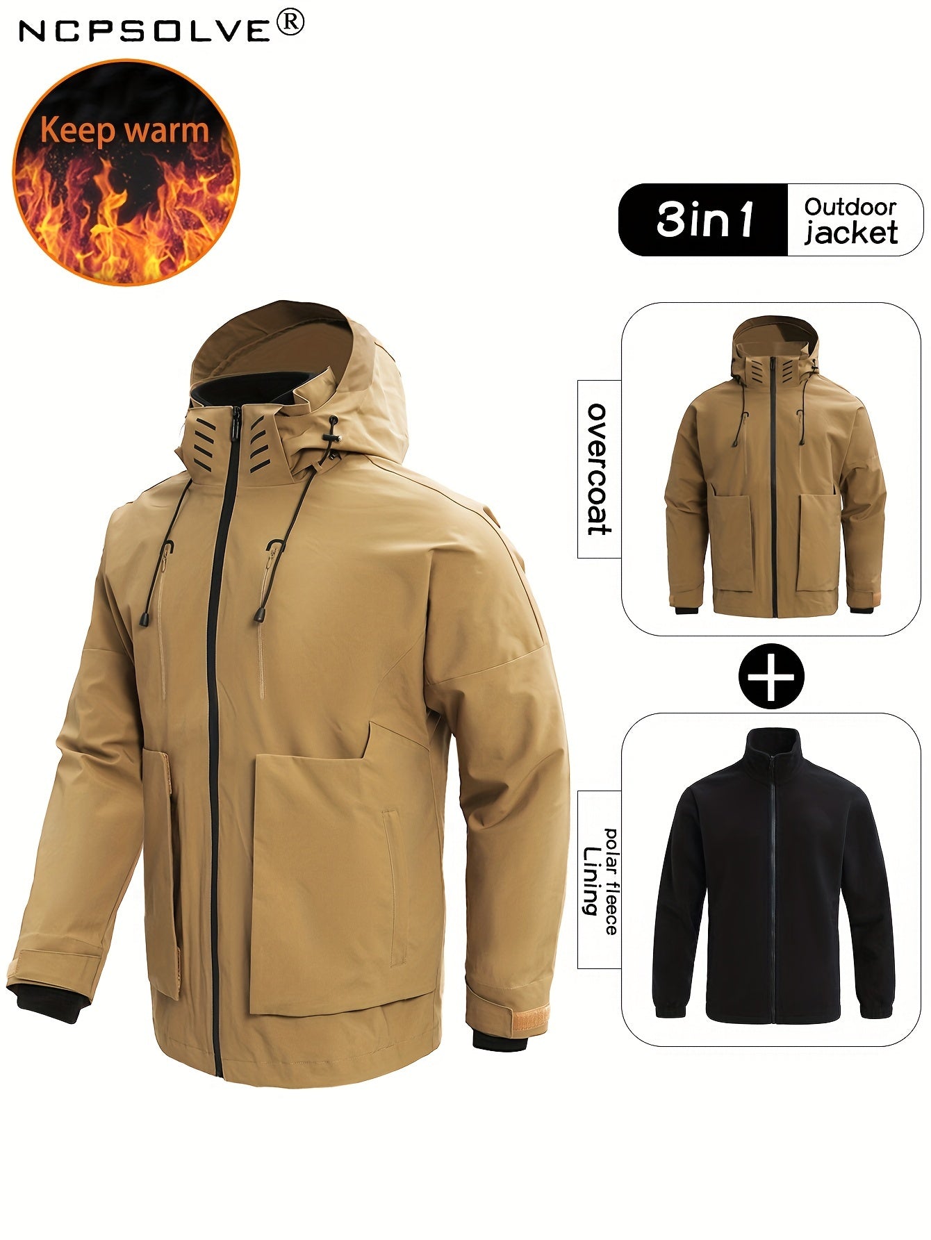 Men's 3-In-1 Zip Hooded Jacket Waterproof Windproof Hiking Jacket