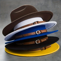 Stylish Belt Decor Fedora Cap Unisex Solid Jazz Hat Casual Warm Felt Hat