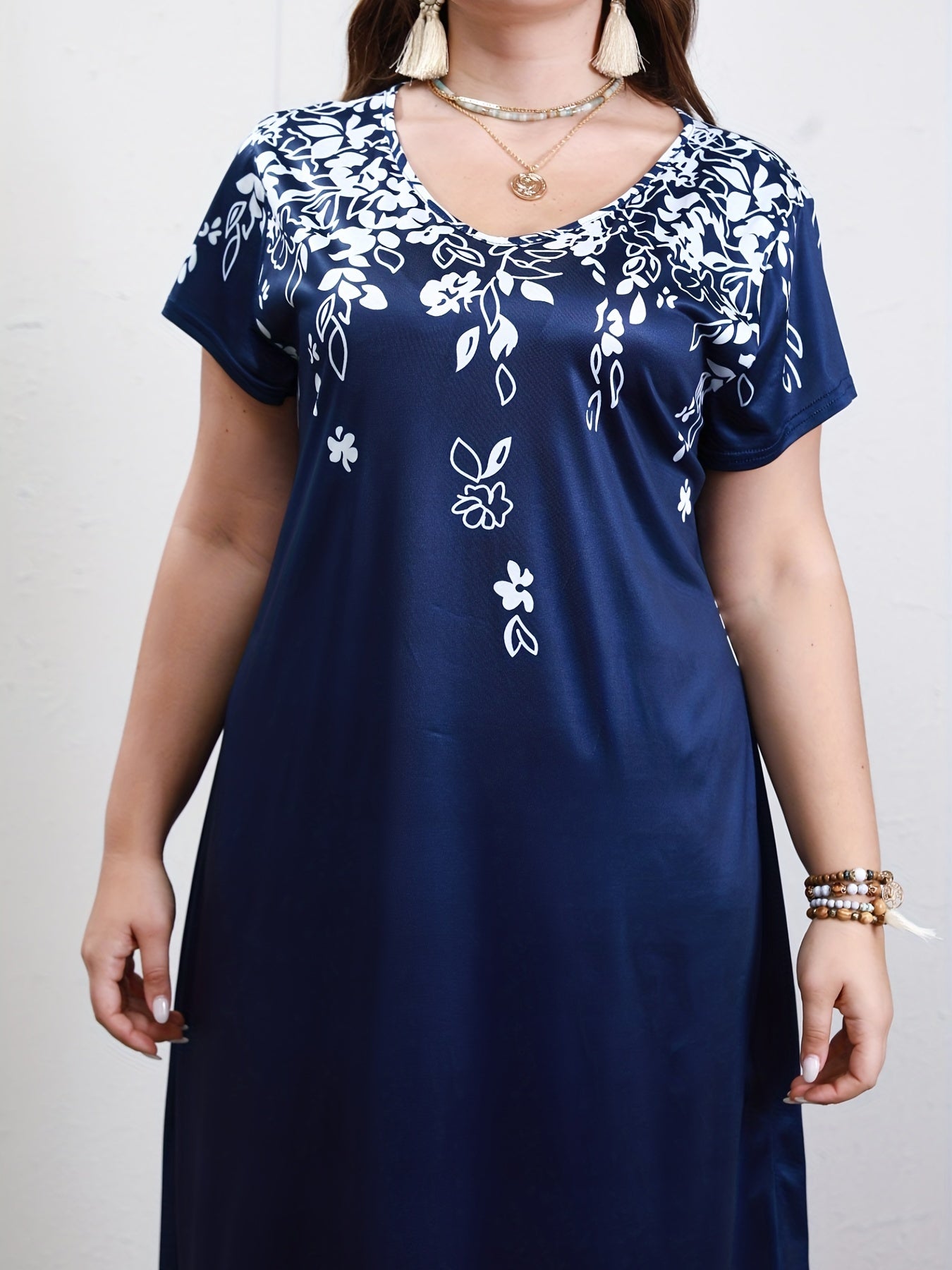  Dress Women's Plus Floral Print V Neck Knee Length Dress