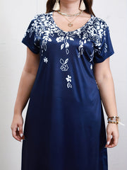  Dress Women's Plus Floral Print V Neck Knee Length Dress