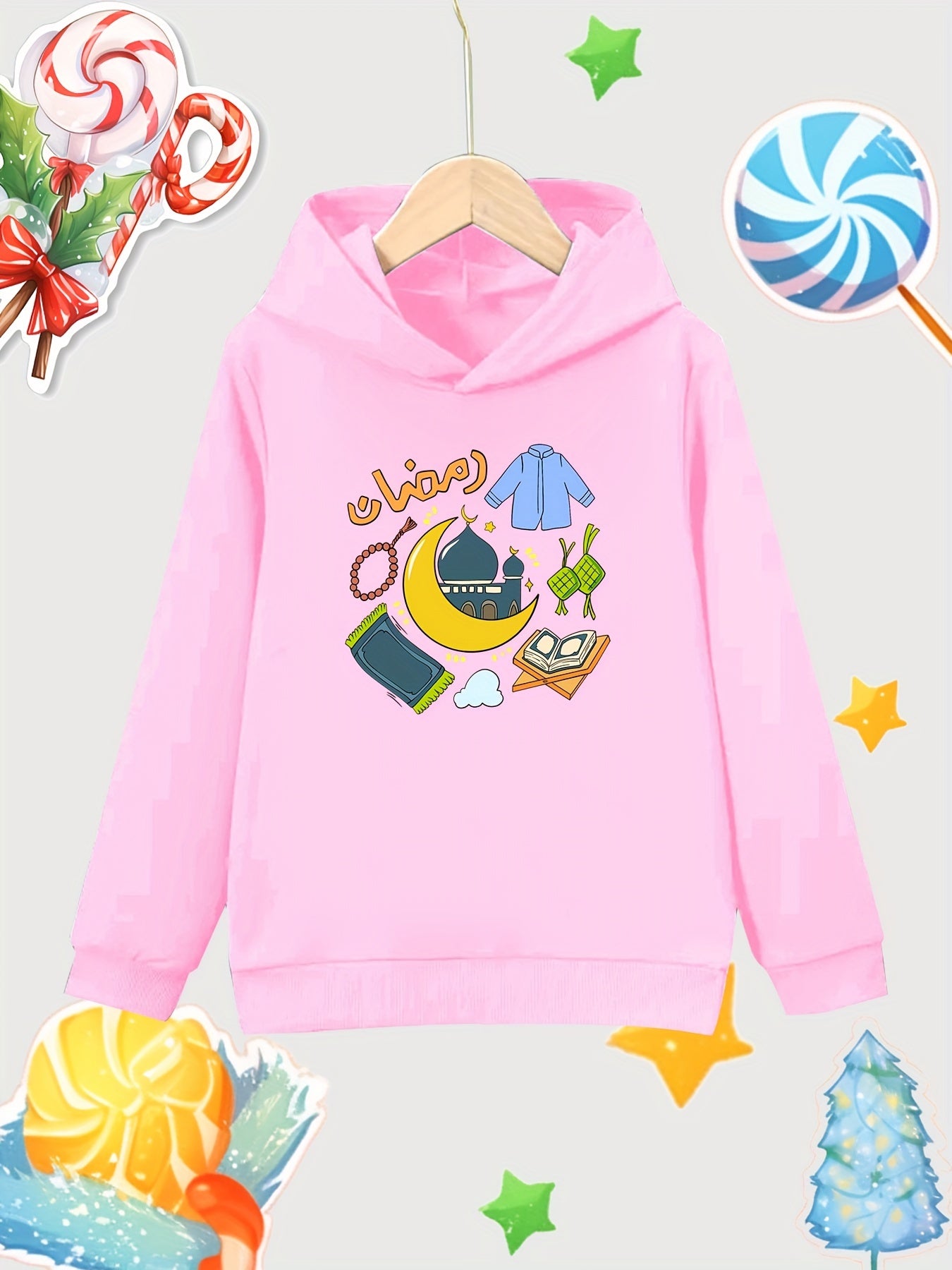 Moon & Items Pattern Girl's Cotton Hoodie Active Slightly Stretch