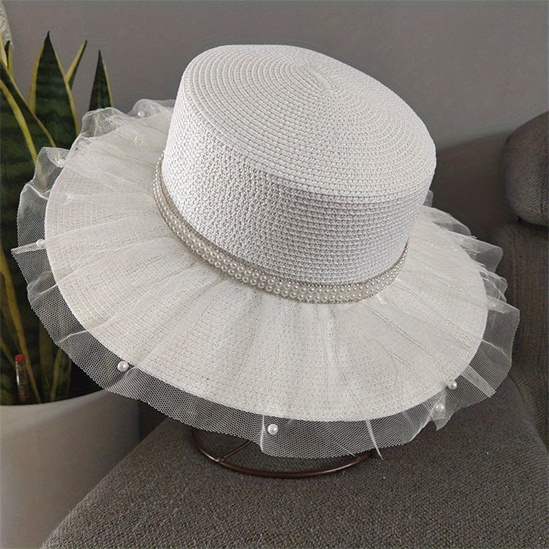 Mesh Lace Sun Hat Faux Pearl Decor Wide Brim Straw Hat French Style