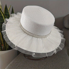 Mesh Lace Sun Hat Faux Pearl Decor Wide Brim Straw Hat French Style