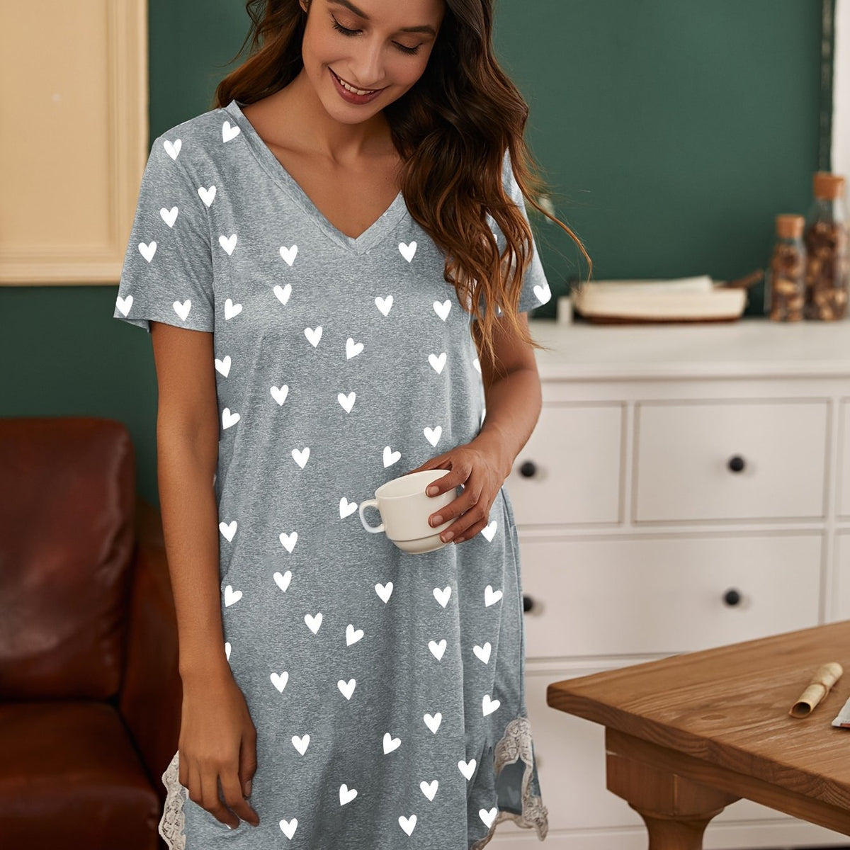 Heart Print NightDress Lace Trim Pajama Dress Women's Sleepwear
