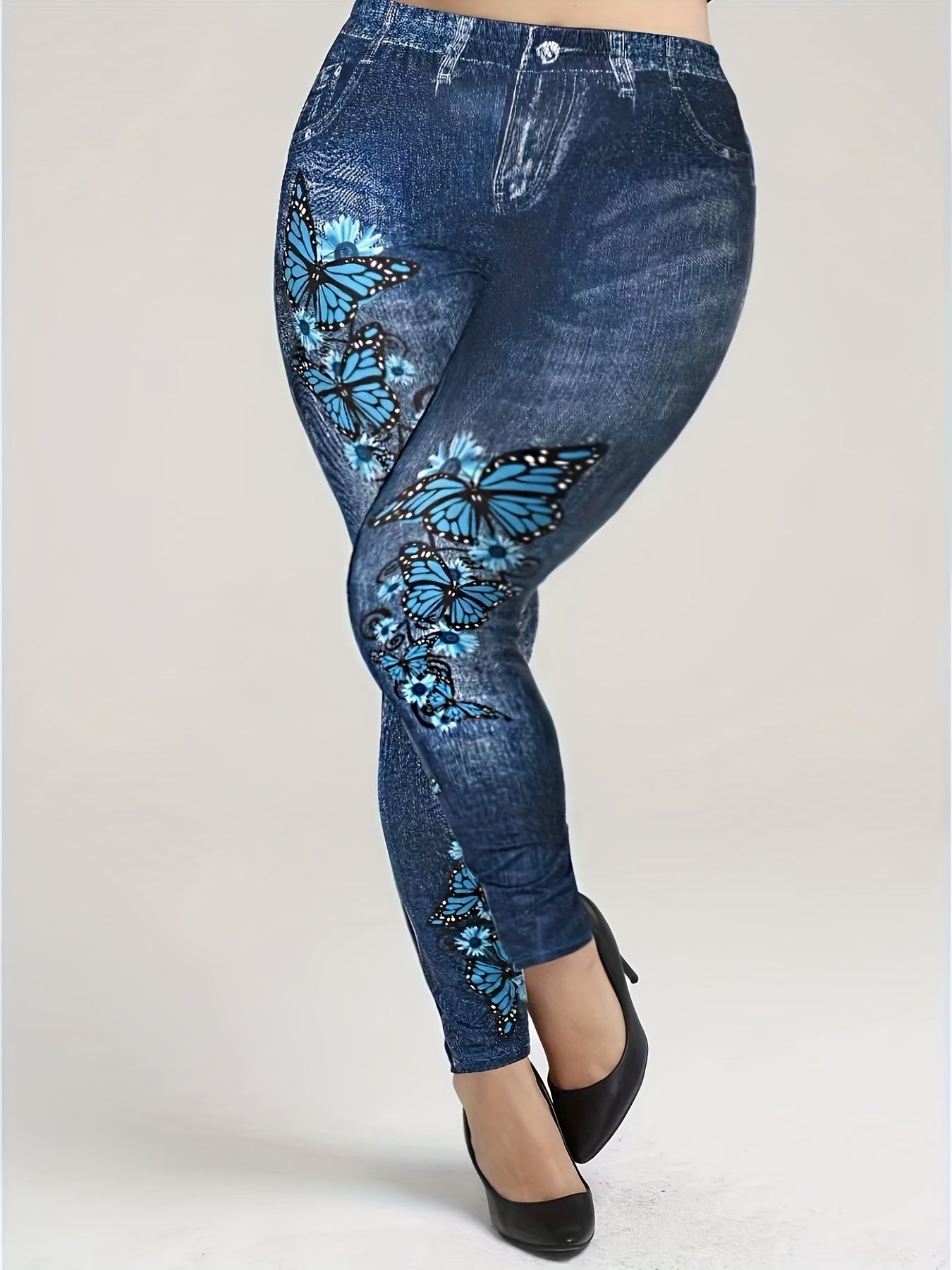 Denim & Butterfly Print Skinny Leggings Stretchy Women's Clothing