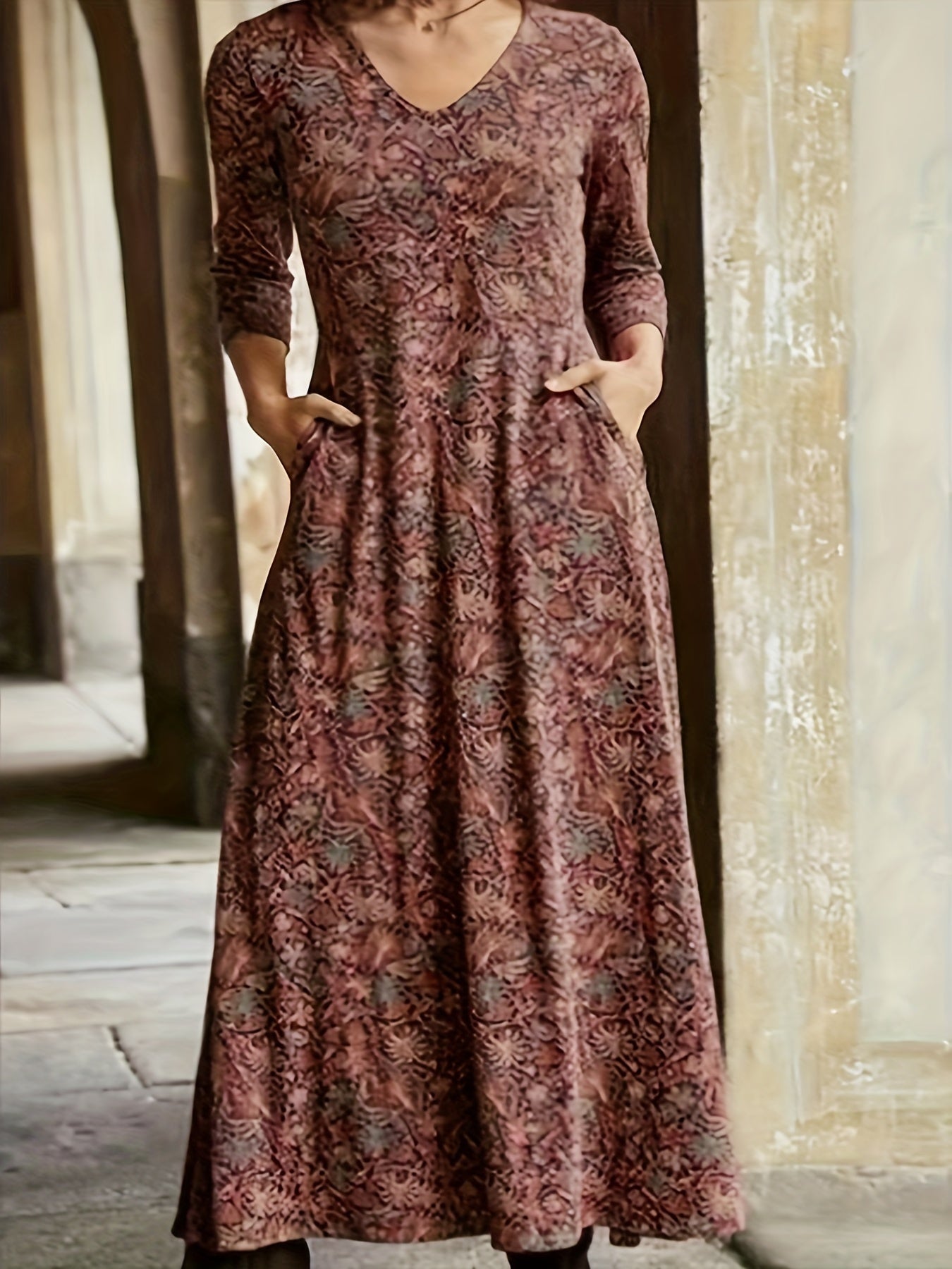  Allover Print Long Sleeve V Neck Maxi Dress With Pockets