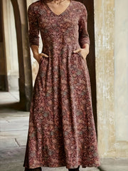  Allover Print Long Sleeve V Neck Maxi Dress With Pockets