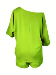 Casual Two Piece Set Slanted Shoulder Short Sleeve Tops & Wide Leg Shorts