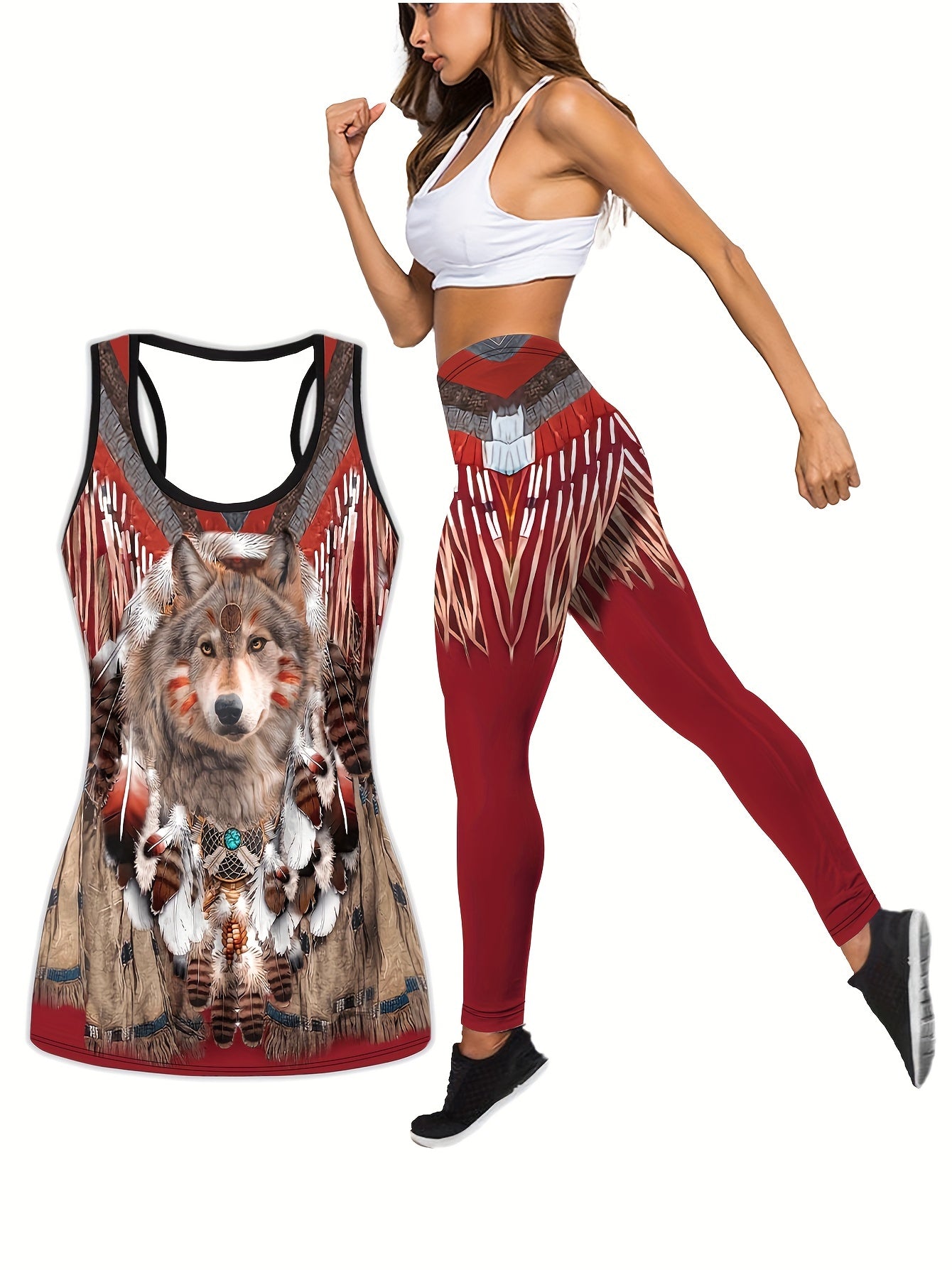  Sports Outfits Set Women's Plus Panting Print Racer Back Tank & Leggin