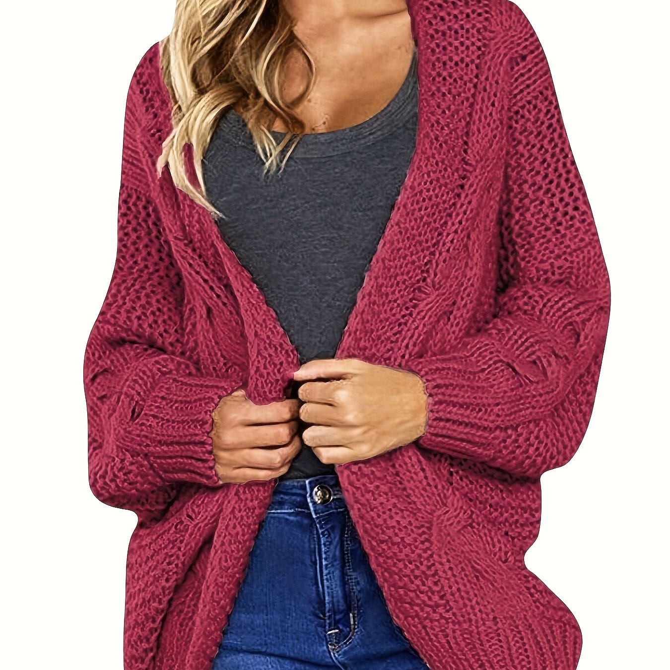  Casual Cardigan Solid Cable Knit Open Front Sweater