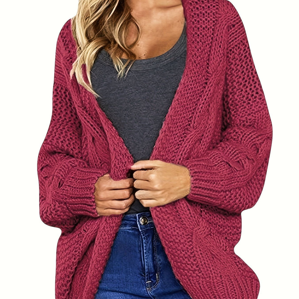  Casual Cardigan Solid Cable Knit Open Front Sweater