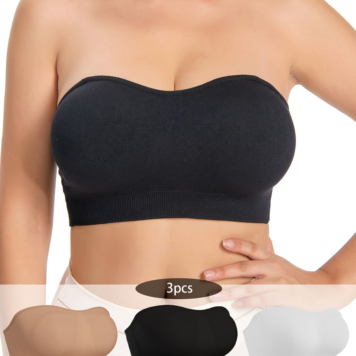 3pcs Strapless Bandeau Bras Comfy & Soft Stretch Everyday Bra