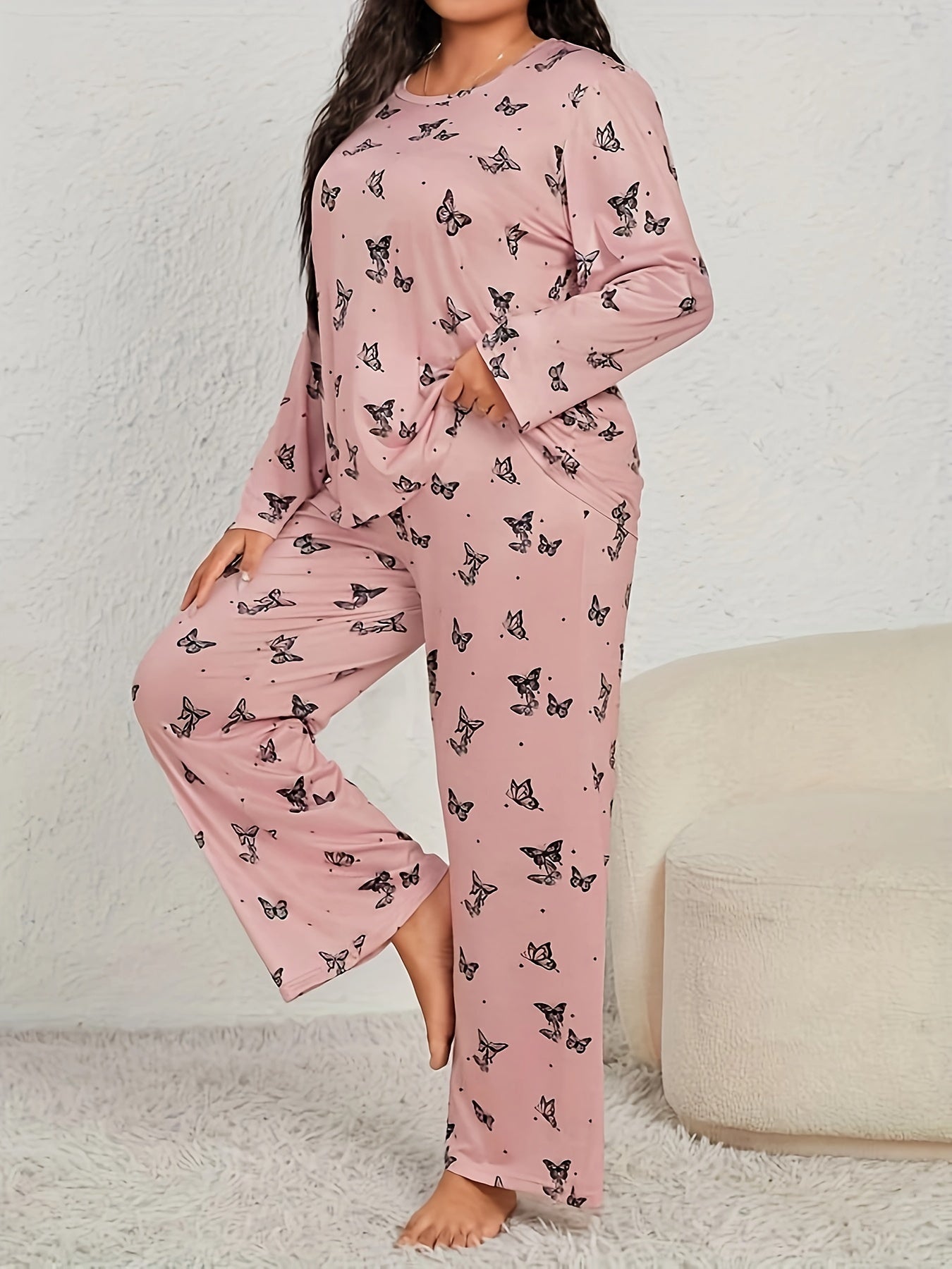  Butterfly Print Pajama Set Long Sleeve Tee & Pants Loungewear