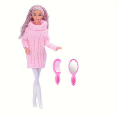 6pcs Doll Set: Turtleneck Sweater, Pants, Shoes, Comb, Mirror - 11.5 Inc