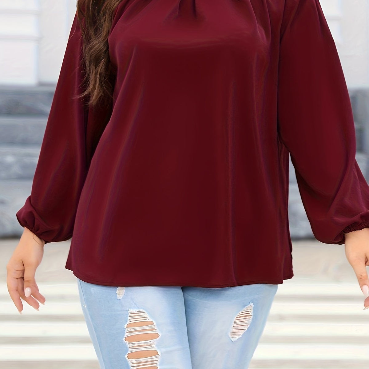  Lantern Sleeve Round Neck Top