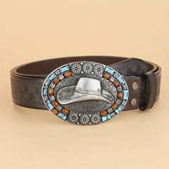 Western Cowboy Vintage Belt Embossed Leather Belt Bohemian Style Hat Buckle