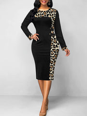  Casual Dress Colorblock Leopard Print Long Sleeve Midi Dress