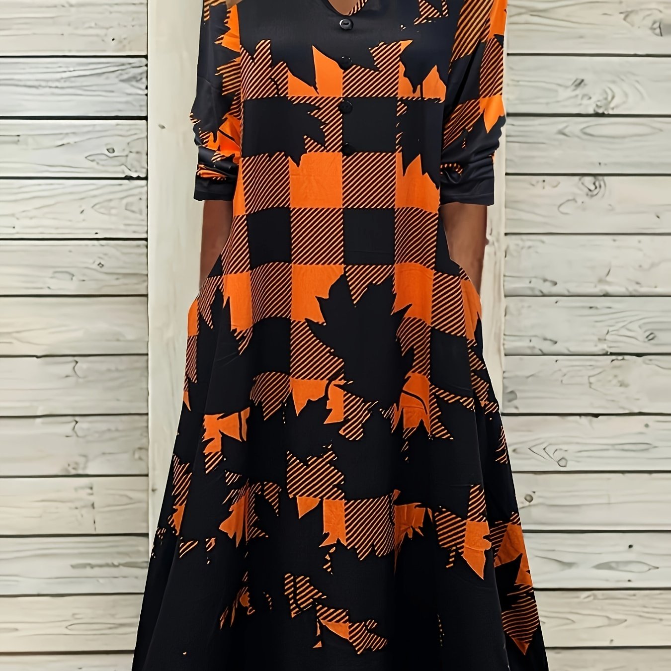 Women's Plus Plaid & Leaf Print Maxi Dress