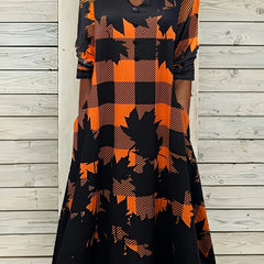 Women's Plus Plaid & Leaf Print Maxi Dress