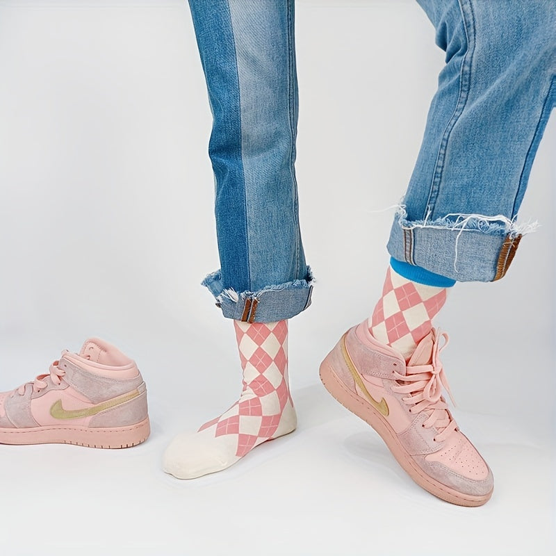 4 Pairs Plaid Colorblock Socks Soft Mid Tube Women Stockings