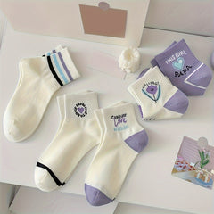 5 Pairs Floral & Heart Print Socks Women's Stockings