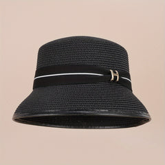 Straw Bucket Hat Strap Decor Classic Sunscreen Basin Hat Women