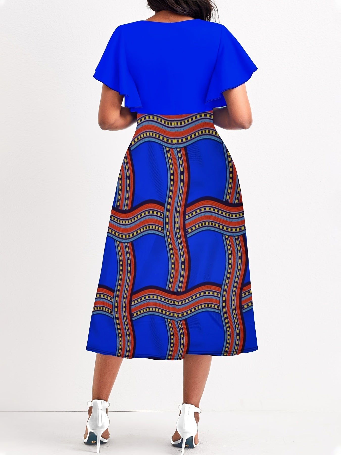  Colorblock Stripe Print Ruffle Sleeve Midi Dress
