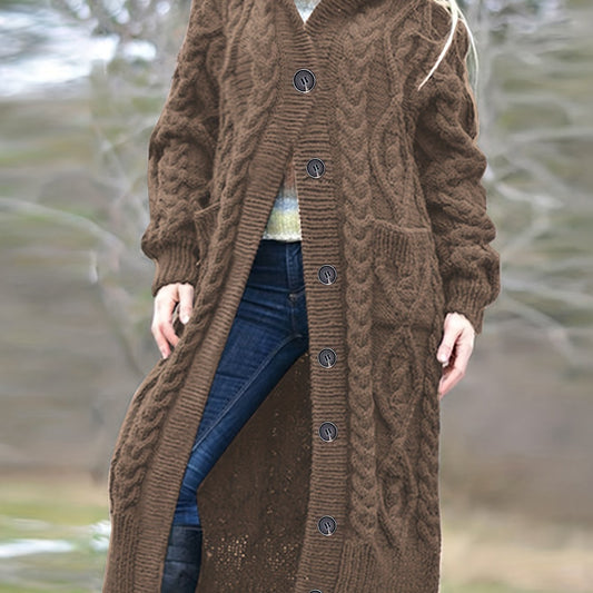  Solid Cable Button Up Long Sleeve Hooded Cardigan