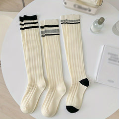 3 Pairs Women's Striped Calf Socks Knee High Stockings