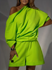 Casual Two Piece Set Slanted Shoulder Short Sleeve Tops & Wide Leg Shorts