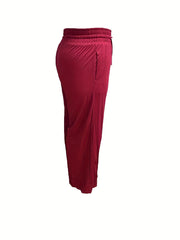  Solid Elastic Drawstring High Rise Wide Leg Trousers