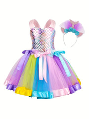 Mermaid Cosplay Costume & Headband Set Girl's Fish Scale Mesh Dress