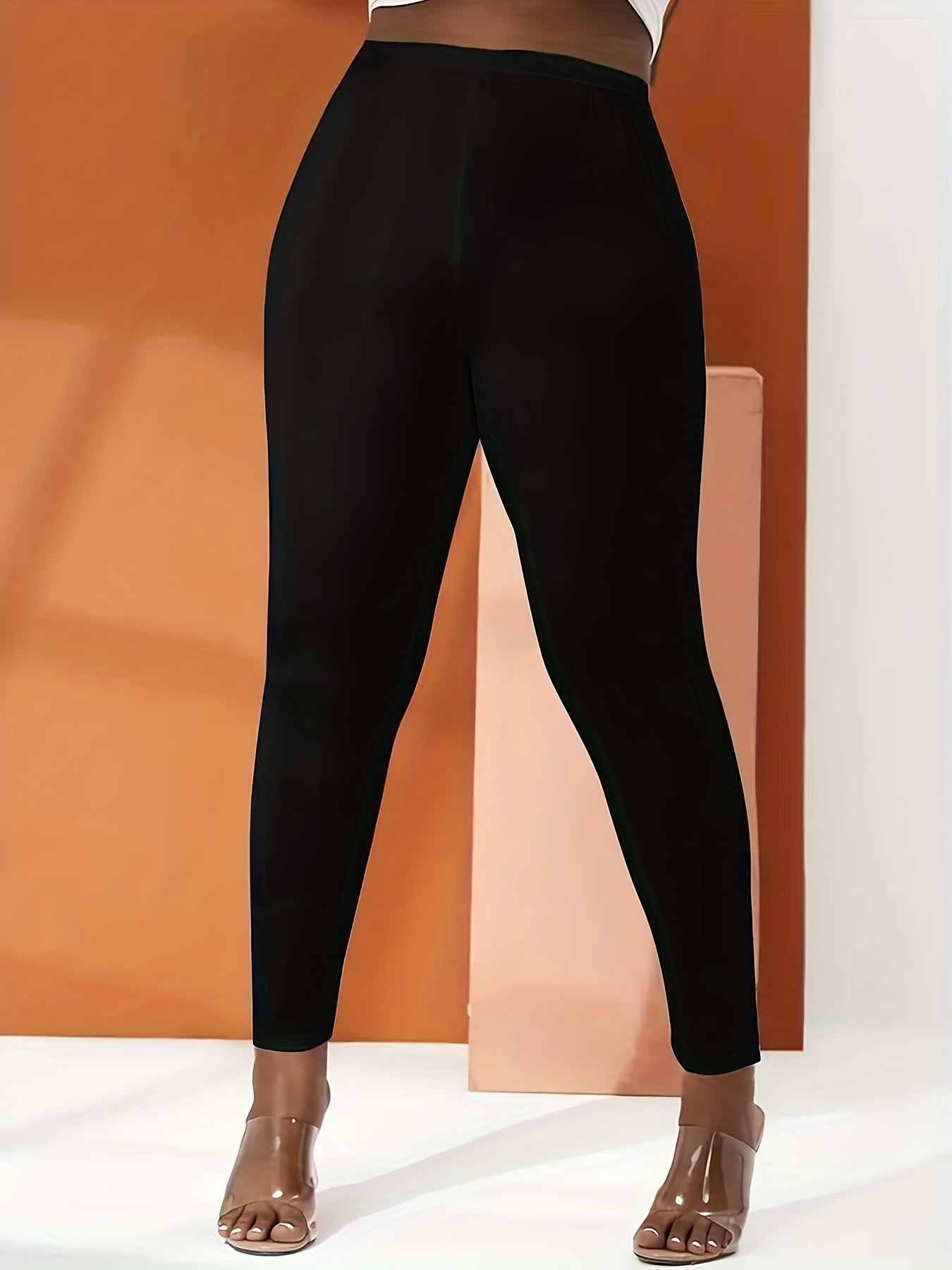  Solid High Rise Elastic Skinny Pants Women's Plus