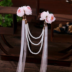 Chinese Style Flower Hair Clip With Faux Pearl Beaded Chain