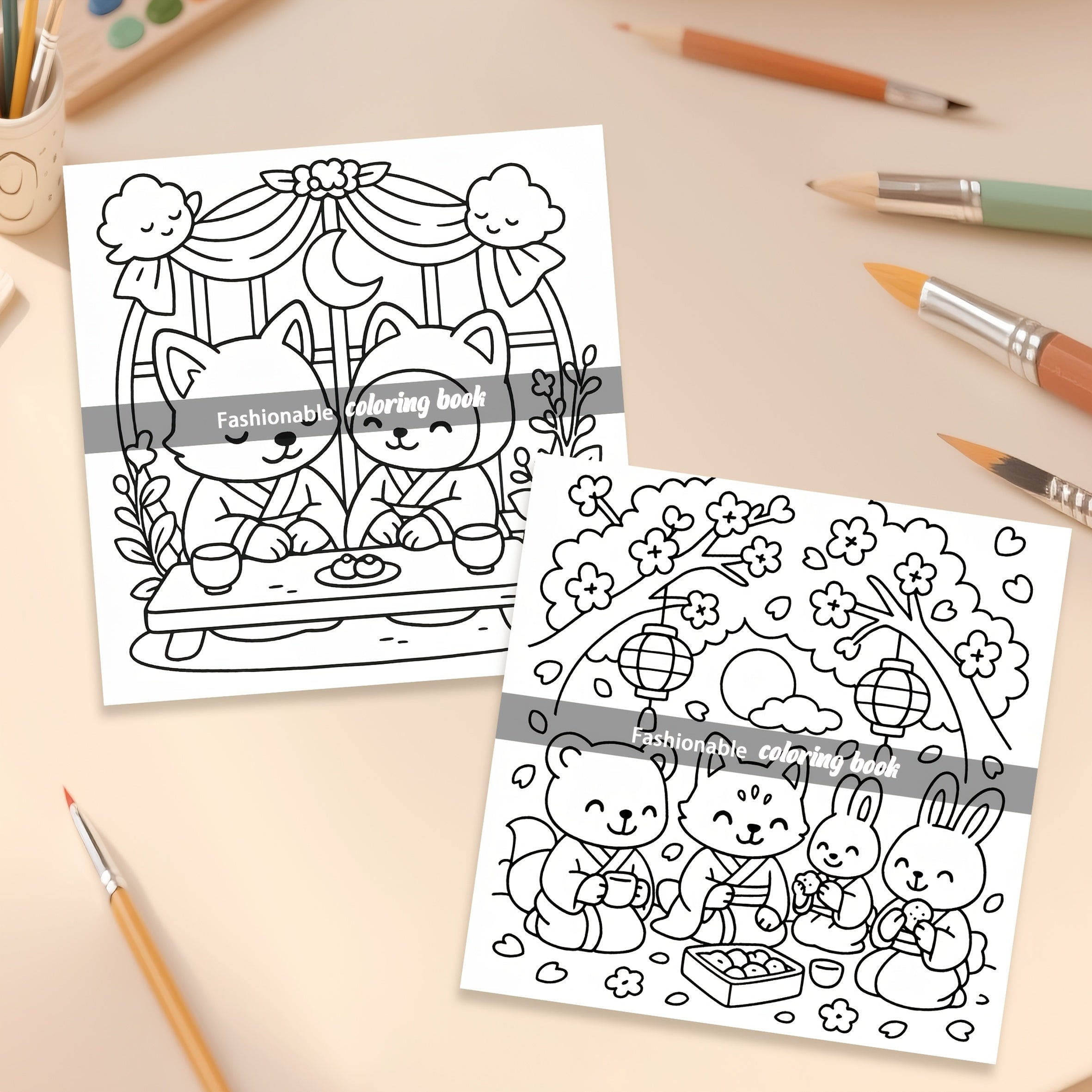 Japanese Anime Coloring Book with Fox in Kimono, Cherry Blossoms & Lanterns