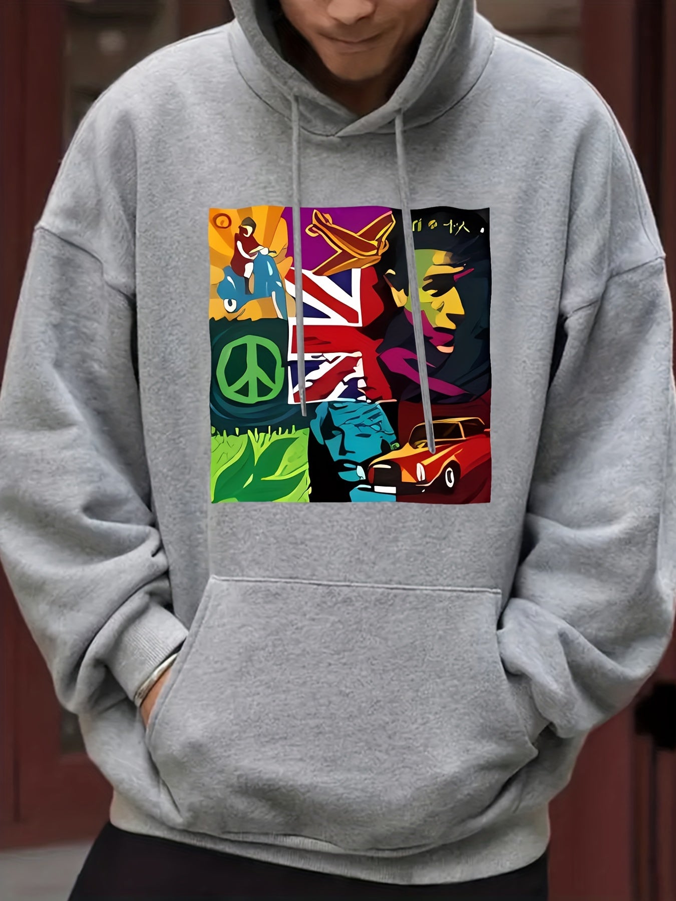 Peace Sign Print Hoodie Men's Casual Pullover Hooded Sweatshirt
