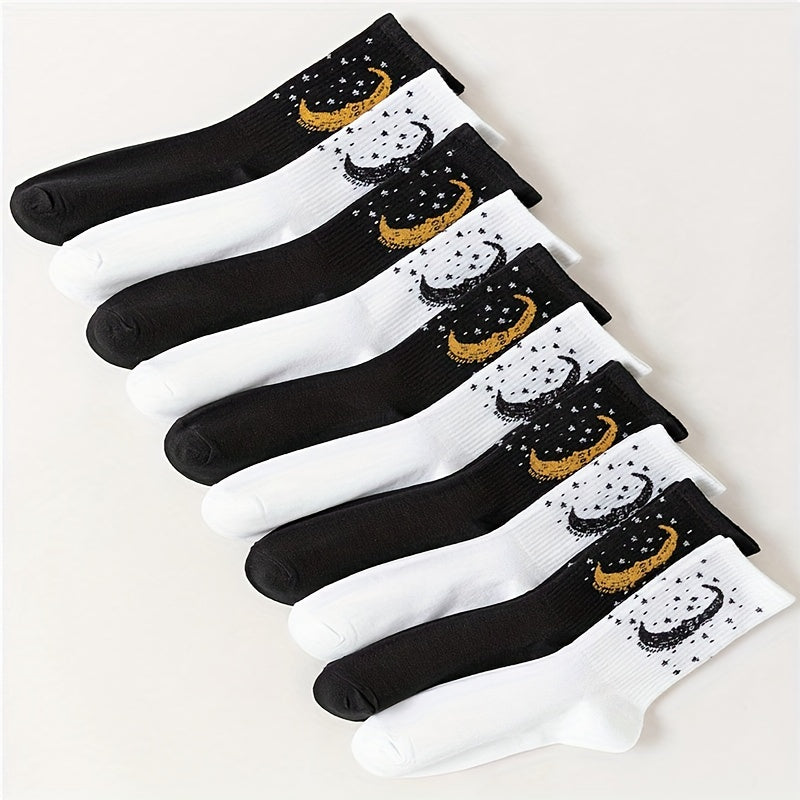 10 Pairs Star & Moon Print Socks Halloween Mid Tube Women's Stockings