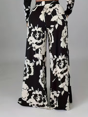 Floral Print Wide Leg Trousers High Rise Stretch Pants