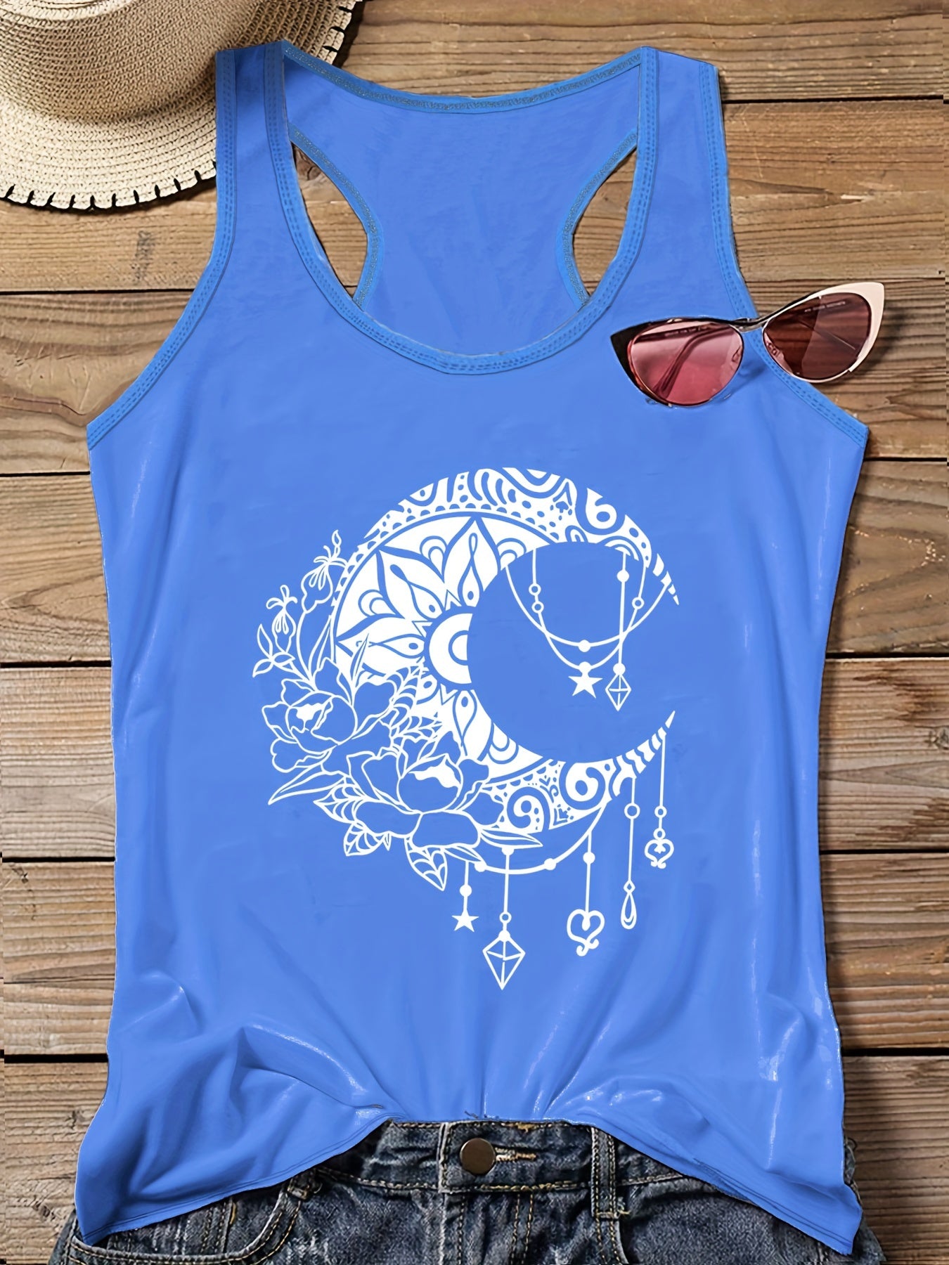  Moon & Floral Print Round Neck Tank Top