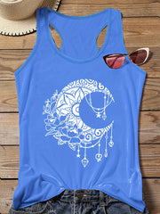  Moon & Floral Print Round Neck Tank Top