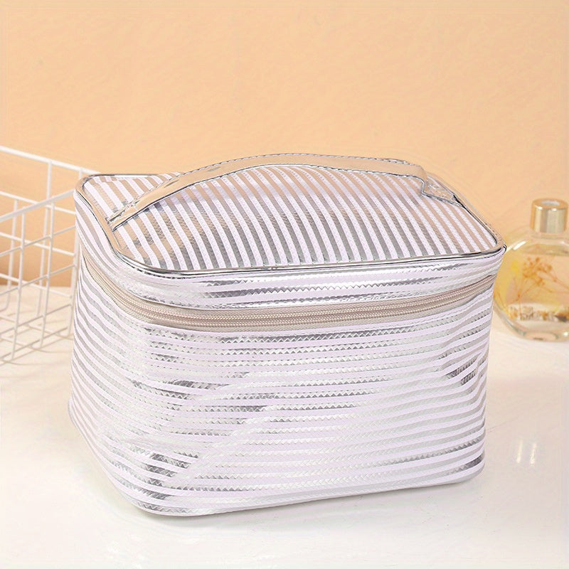 Stripe Printed Glossy Cosmetic Bag Waterproof Makeup Handbag