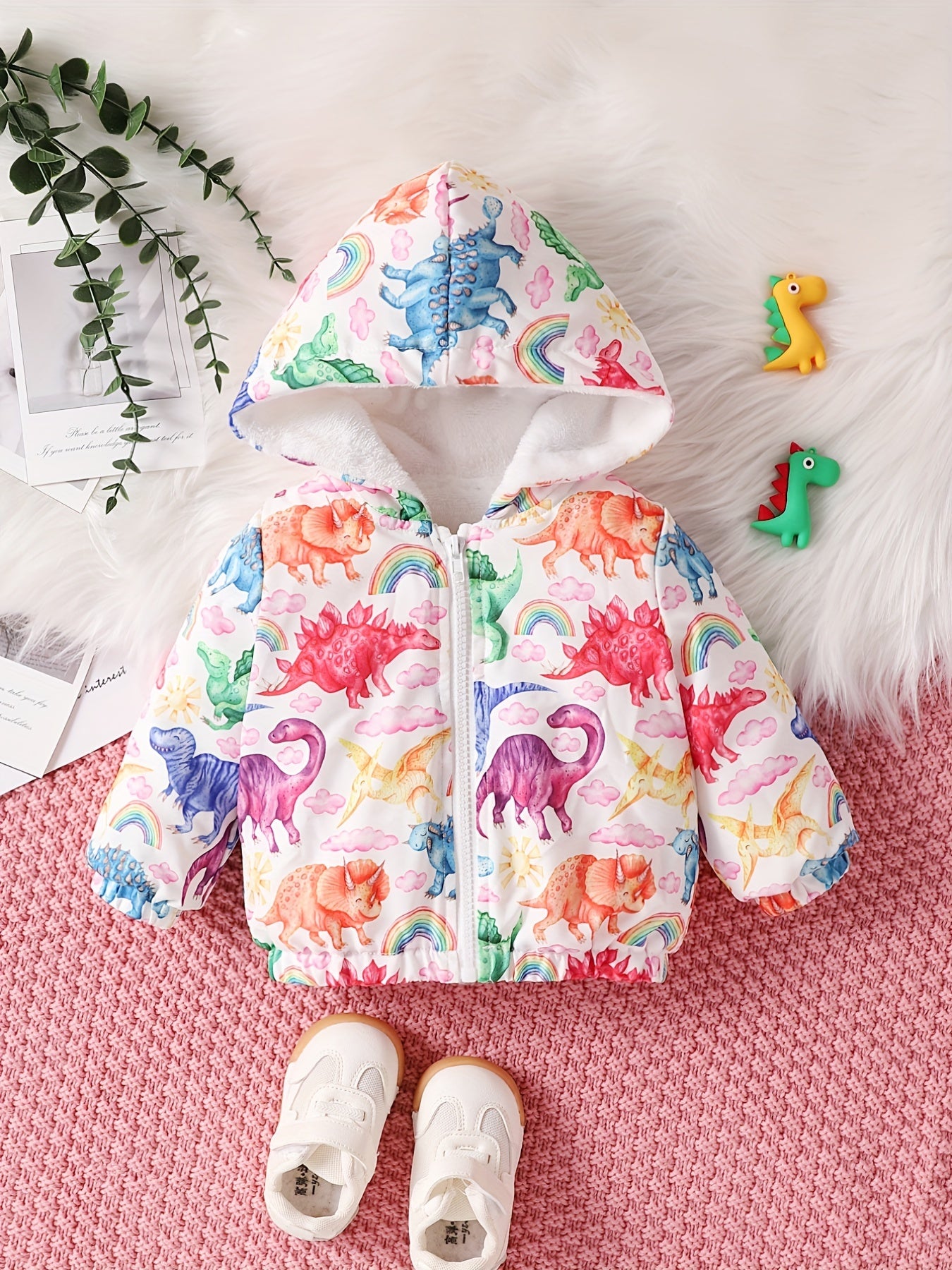Baby Girl's Plush Hooded Coat Cartoon Dinosaur Jacket Top